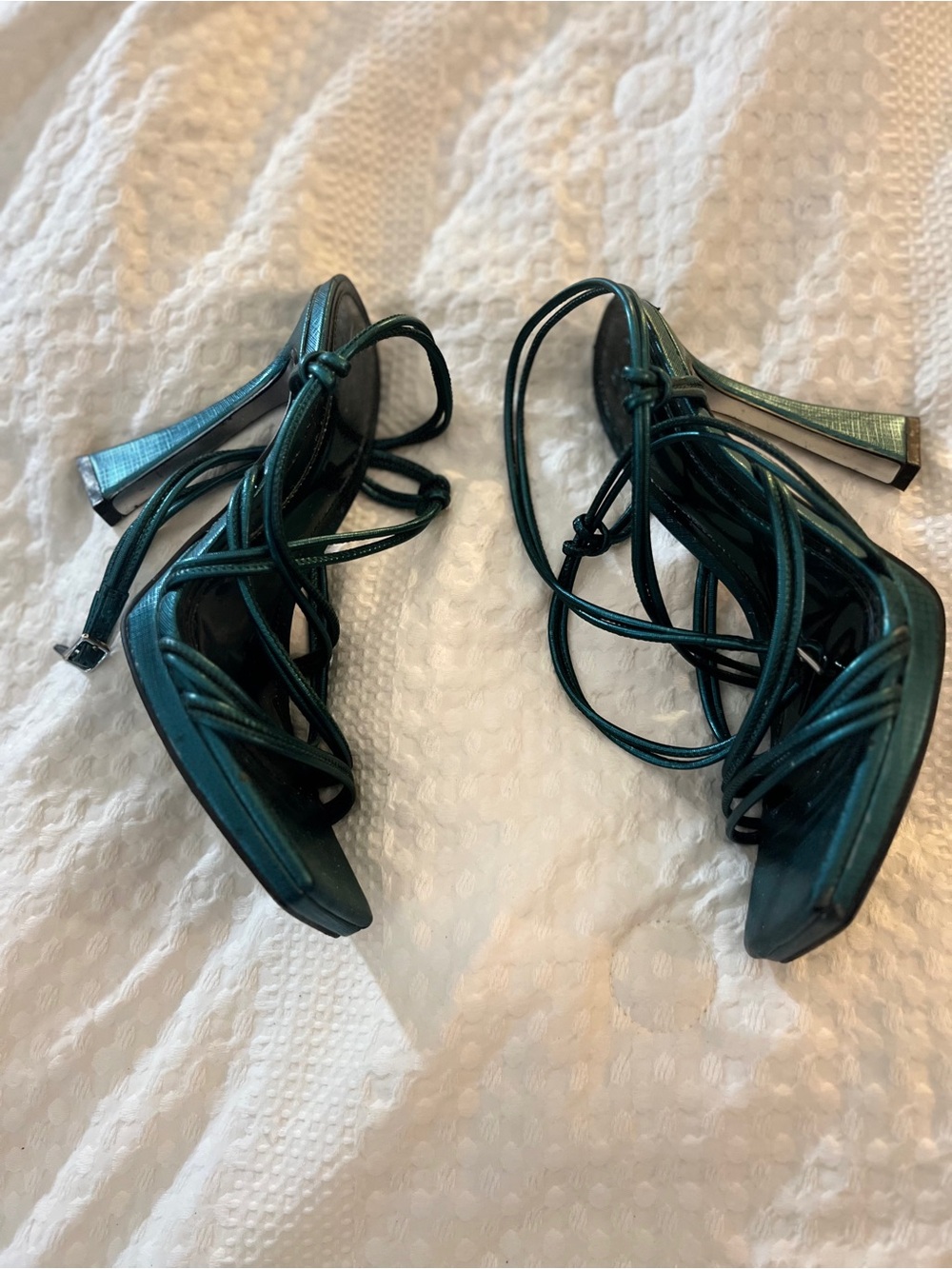 Jennifer Lopez Teal Wrap Lace-Up Square-Toe Heels - Picture 5 of 9